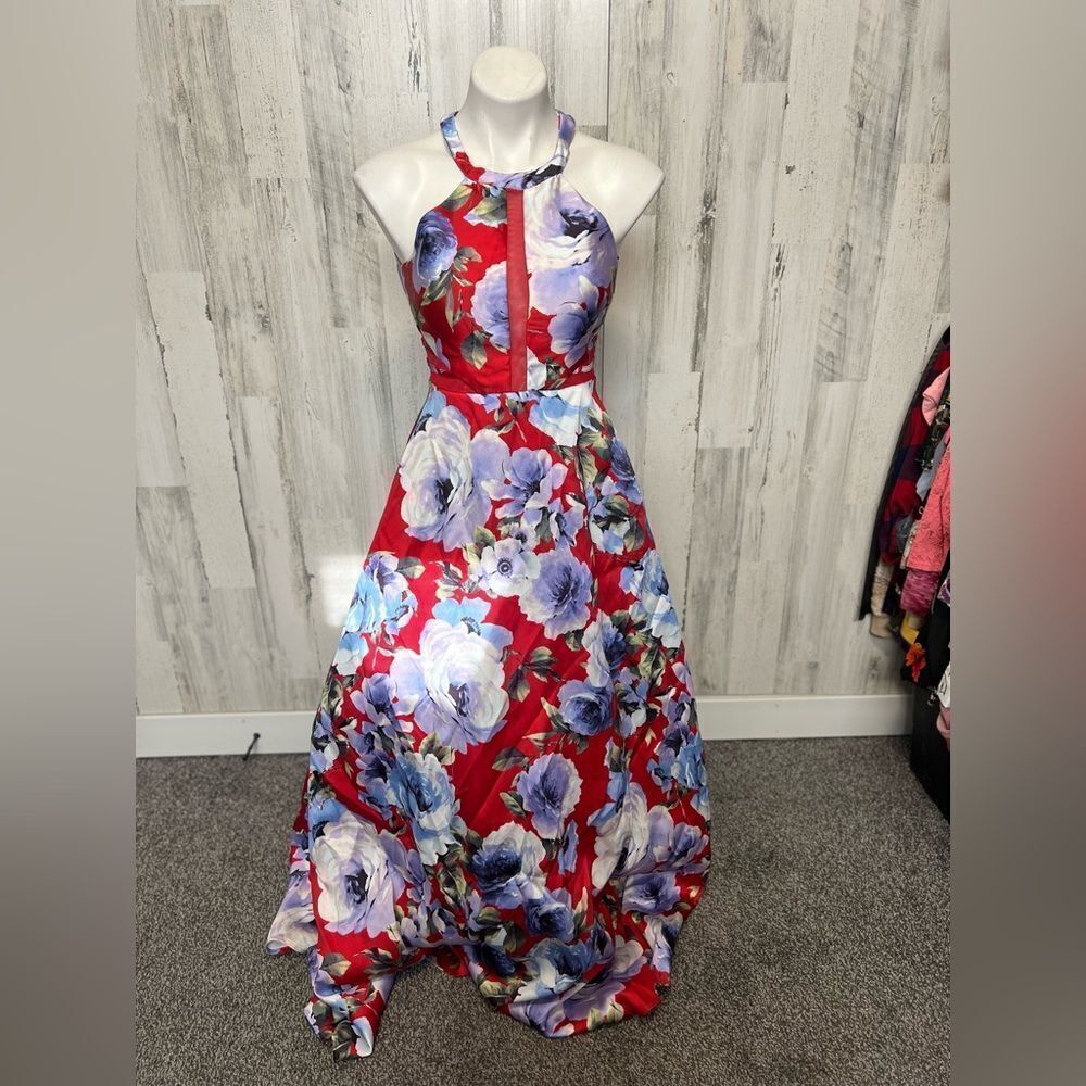 Dear Moon Floral Halter Maxi Dress Red Blue Size 3 XS/S